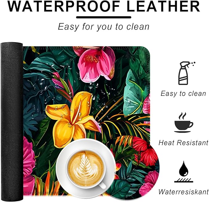 BFUKVOU Large Keyboard Mouse Pad Set, Extended Mouse Pad+Keyboard Wrist Rest Support, Memory Foam Ergonomic Easy Typing, 4Pcs (31.5×11.8 in) Desk Pad Set for Office Home,Vibrant Tropical Flower