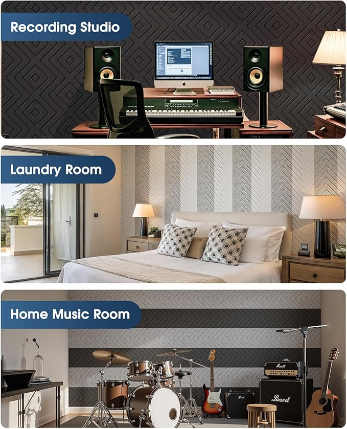 Woovio Sound Proof Foam Panels for Walls, 12 Pack Self-Adhesive Acoustic Panels, 12" X 12" X 0.4" Soundproof Wall Panels for Door, Ceiling, Home Office Beige