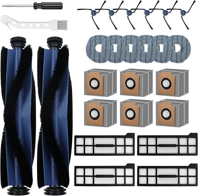 Ancolin 26 Pack Replacement Parts Kit for Eufy X10 Pro Omni Robot Vacuum Accessories, 2 Main Roller Brush 4 Filters 6 Dust Bags 6 Side Brushes 6 Mop Pads 1 Screwdriver 1 Clean Tool