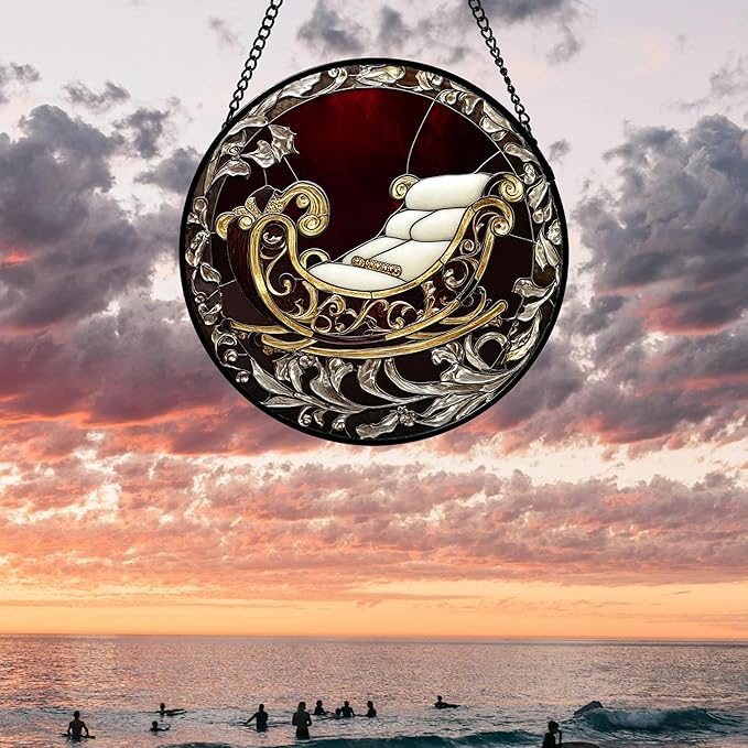 AMDERVEN Stained Glass Window Hanging 4 Pcs Set Christmas Golden Bell Sleigh 6.3" - Suncatcher Door Garden Sun Catcher Decor Birthday Mother's Day Xmas Gifts for Mom Woman Nana Men Parents