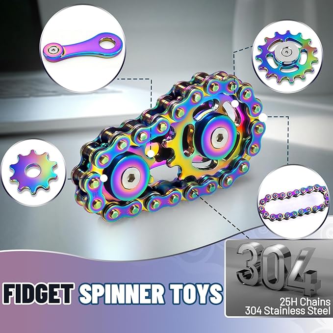 Valentines Day Gifts for Teens Boys Metal Fidget Spinner Toys for Adults Figette Bike Chain Roller Cool Gadgets ADHD Anxiety Stress Relief Items Figet Desk Offices EDC Men - Rainbow+Black