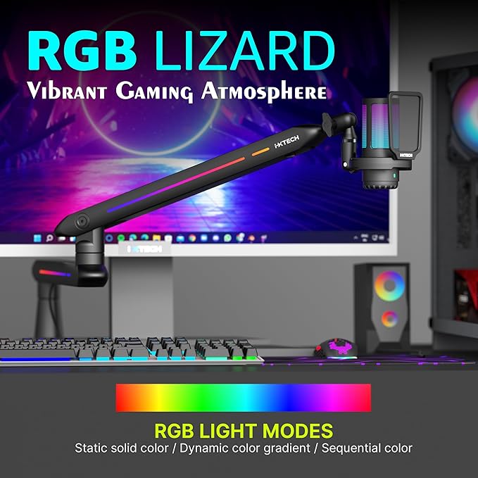 IXTECH RGB Low Profile Boom Arm for Mic, Adjustable Microphone Arm Stand with Desk Mount Clamp, Rotatable Microphone Boom Arm Mic Stand with Cable Management for Podcast Streaming Gaming Studio.
