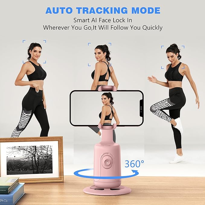 Auto Face Tracking Tripod, 360° Rotation Face Body Phone Camera Mount Smart Shooting Phone Tracking Holder with Remote,No App, Gesture Control,Smart Shooting Holder for Vlog, Streaming,Tiktok-Pink