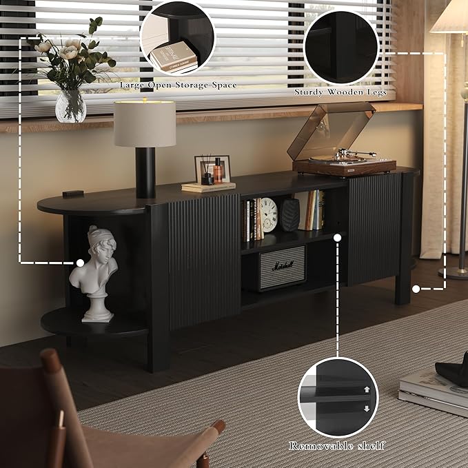 ZOSQUARE 65 Inch TV Stand for Up to 75 inch TVs, Fluted Entertainment Center with Adjustable Shelve, Curved Round Corner TV Console Table with Storage Cabinet for Living Room, Bed Room (Black)