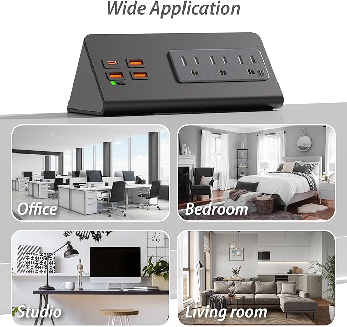 Upgraded Version Edge Mount Power Strip with USB-C Ports Tabletop Surge Protector Desk Clamp Power Sockets with 3 AC Outlets &4 Fast Charging USB Ports for Home Office Hotel Dormitory (Black - 1pack)