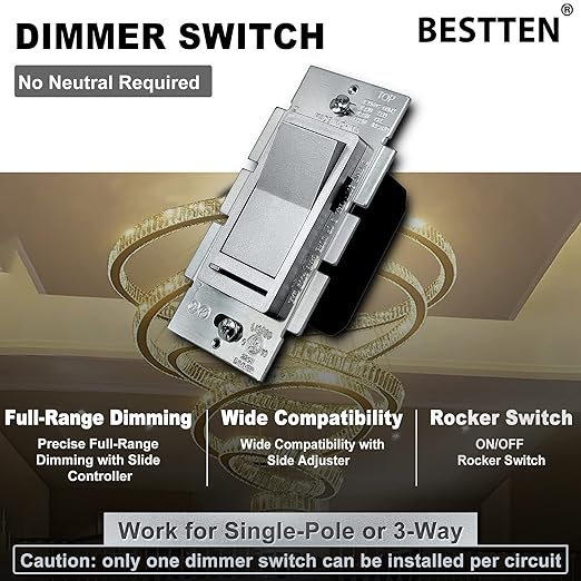 BESTTEN 10 Pack Matte Silver Dimmer Light Switch, Single Pole or 3-Way, Compatible with Dimmable LED, CFL, Incandescent and Halogen Bulb, LED Slide Dimmer Wall Switch, 120VAC, UL Listed