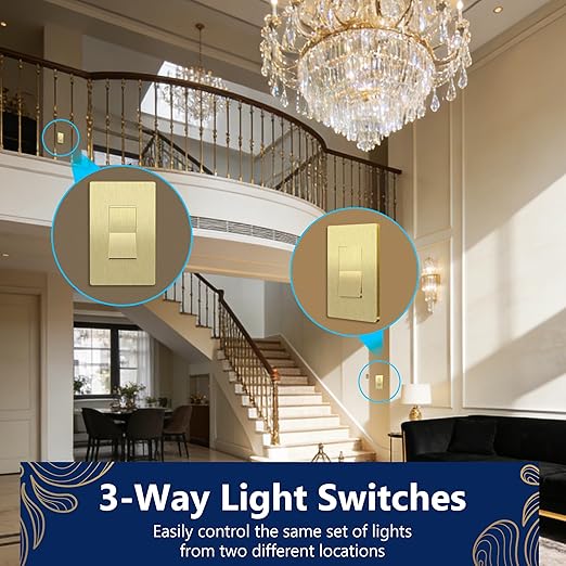 LIDER Brushed Gold Minimalist Decorator Switch with Screwless Wall Plate, Frameless Wall Light Switch, On/Off Rocker Switch, 3-Way or Single Pole, Residential Grade, UL Listed, 3 Wire, 15A 120-277VAC