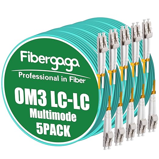 Fibergaga 5Pack-5M(16ft) OM3 LC to LC Fiber Patch Cable, Multimode 50/125µm 10G/40G, OD-2.0mm Fiber Optic Cable Duplex