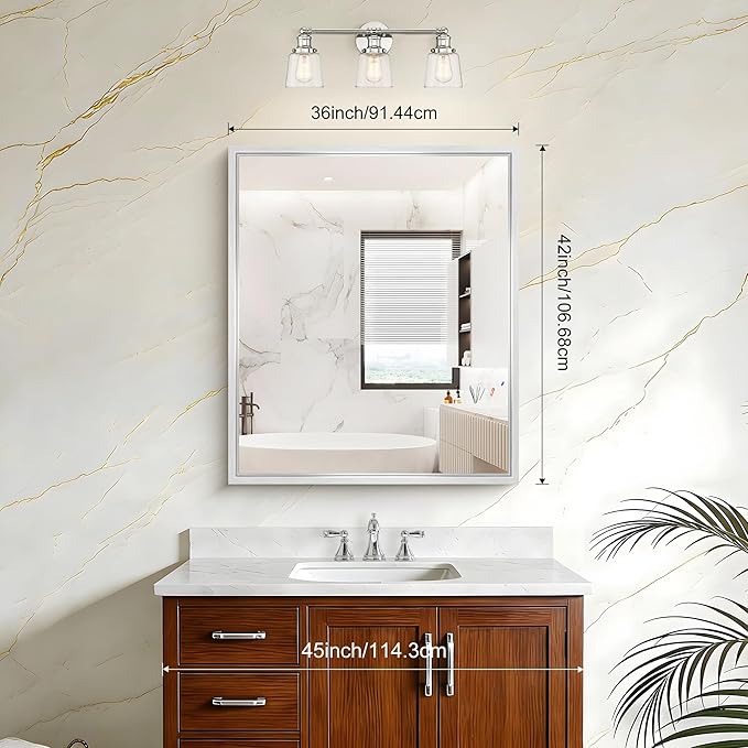 Silver Bathroom Mirror, 42 x 36 Inch Brushed Silver Rectangle Mirror for Wall, 0.6" Thickened Deep Frame Mirrors for Over Sink, Shatterproof Tempered Glass, Antirust, Horizontally or Vertically