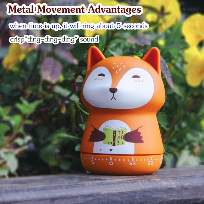 NUOSWEK Mechanical Kitchen Timer, Cute Animal Wind Up 60 Minutes Manual Countdown for Kids, Classroom, Home, Study and Cooking (Orange Fox)