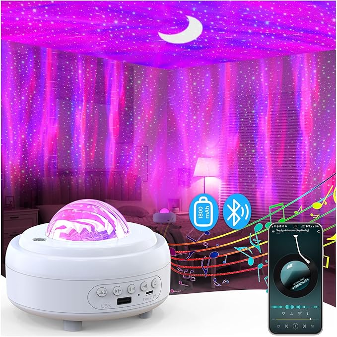 HUMIIEYE Star Projector with Bluetooth Speaker, 1800mAh Battery Operated Night Light Galaxy Projector, Northern Lights Aurora Projector with Moon, Mood Ambient Lighting for Bedroom Kids Girls Adults