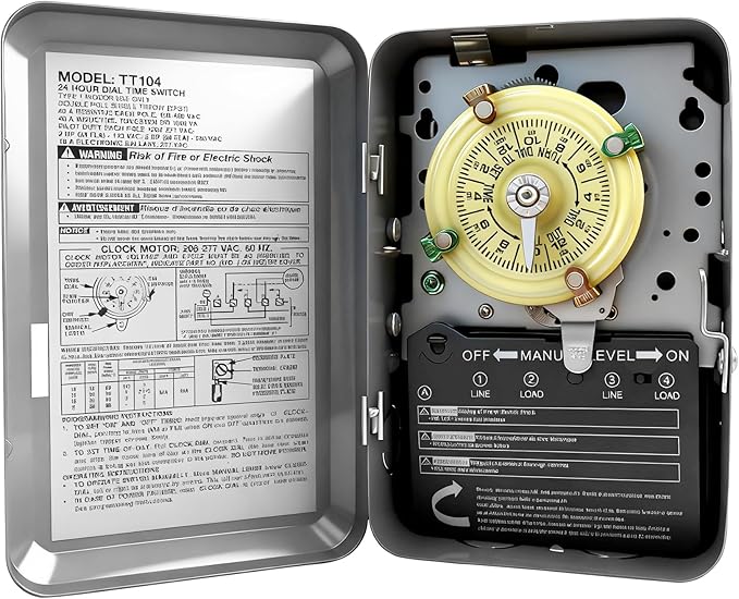 T104 Mechanical Timer Switch, 208–277 VAC 40 Amp,Pool Pump Switch, 24 Hour 12 ON/Off for Pump, Heavy Duty Pool Timers Outdoor, Timer for Lights HVAC Systems, 5 Years Warranty