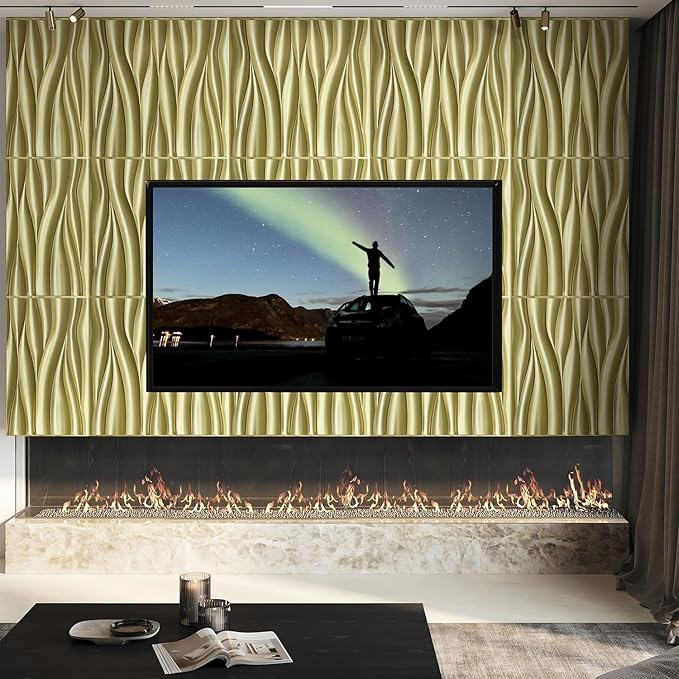 STICKGOO 3D Wall Panels for Interior Wall Decor, Champaign Gold Wave Design Accent Wall Panels, 19.7" x 19.7" Decorative PVC Wall Panels for Living Room, Lobby, Office