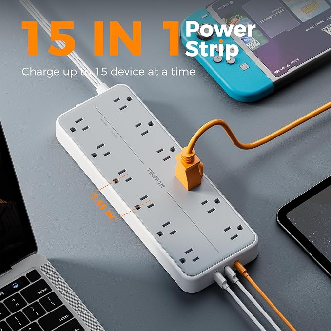 TESSAN Surge Protector Power Strip, Extension Cord with Multiple Outlets, 12 AC Outlets, 3 USB Ports(1 USB C), Flat Wall Plug, 5 Ft, 1700 Joules Protection for Home Office Dorm Room Essentials