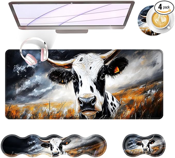BFUKVOU Large Keyboard Mouse Pad Set, Extended Mouse Pad+Keyboard Wrist Rest Support, Memory Foam Ergonomic Easy Typing, 4Pcs (31.5×11.8 in) Desk Pad Set for Office Home,Cute Cow