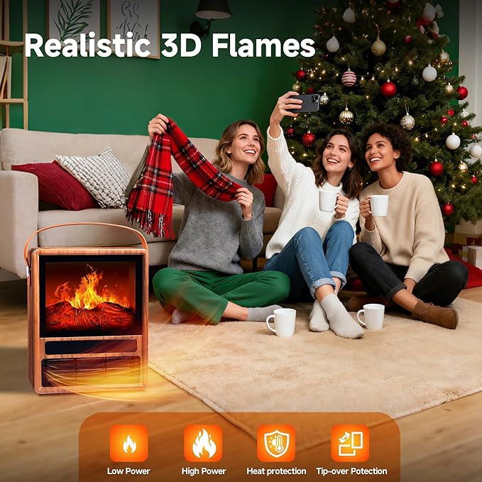 FLAME&SHADE Portable Electric Fireplace Heater for Indoor Use, Fire Place Heaters with 3D LED Flame, Overheat and Tilt Protection, Space Heater Small Fireplace for Home Office Decoration, Oak