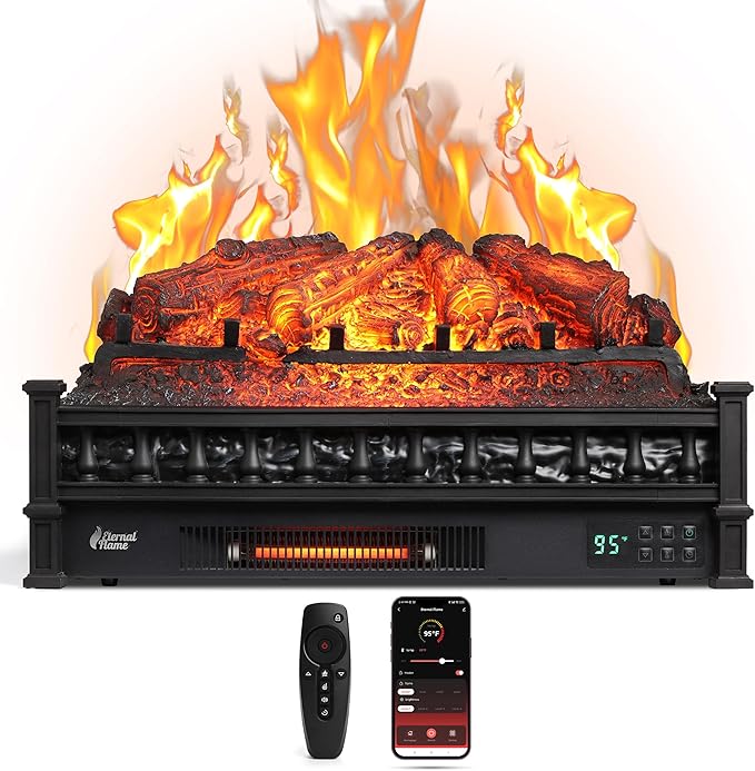 TURBRO Eternal Flame 26 in. WiFi Infrared Quartz Electric Fireplace Log Heater with Sound Crackling, Realistic Pinewood Logs, Adjustable Flame Colors, Remote Control, Thermostat, Timer, 1500W Black