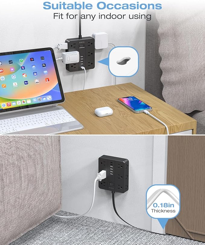 AOFO 10FT Surge Protector Power Strip,12 AC Outlets with 6 USB Ports (2 USB-C), Flat Plug Extension Cord with Multiple Outlets, Wall Mount for Home Office,Dorm,Black