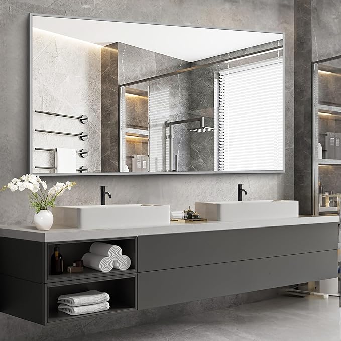 36x60inch Brushed Nickel Bathroom Mirror, Silver Rectangle Mirror with Frame, Large Rectangular Wall Mirrors for Bathroom, Living Roomm, Hair Salon, Big Mirror Hang Horizontal/Vertical