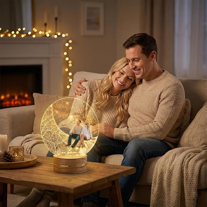 MamaEra Valentine’s Day Gift 2026 - Personalized Map Night Light with Photo & Coordinates – Custom Acrylic Moon Lamp with Wooden Base, Remote Control – Romantic Gift for Couples, Anniversary