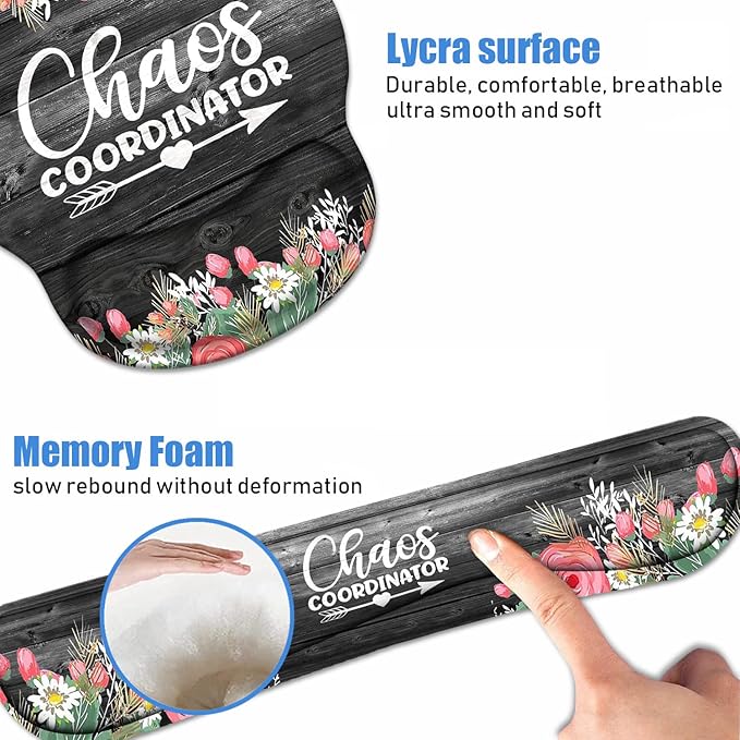 Keyboard Wrist Rest + Mouse Pad Wrist Support Set with Coasters, Chaos Coordinator Quotes Colored Floral Wreath Print Wrist Mouse Pad with Non-Slip PU Base for Home Office Working Studying