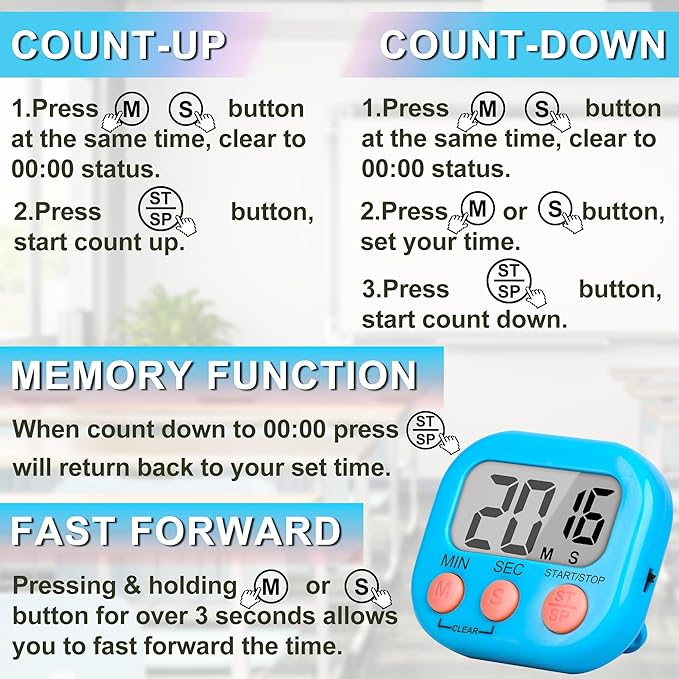 ZILLEEN Classroom Timer for Kids Teachers 12 Pack Digital Timers, Blue & Pink