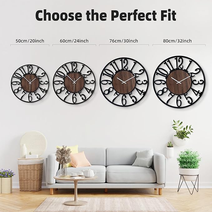 Casaformia 20'' Silent Wall Clock with Night Light, Glow in The Dark Decorative Wall Clock Battery Operated, Rustic Modern Metal & Wood Clocks for Bedroom Living Room Decor, Arabic Numerals