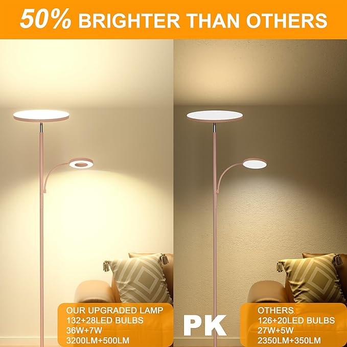 marctronic Pink Floor Lamp, 42W 4000LM Super Bright LED Room Lamp with Adjustable Reading Light,Dimmable Modern Standing Lamp with Remote & Touch Control for Room Bedroom Office Floor Light
