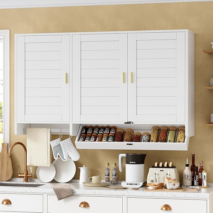 PAKASEPT 44.8" W Kitchen Wall Cabinet, Laundry Room Cabinets - Bathroom Wall Cabinet with Flip-Bottom Drawer and Hanging Rod, Storage Cabinets for Bathroom, Kitchen, Entryway, Laundry Room