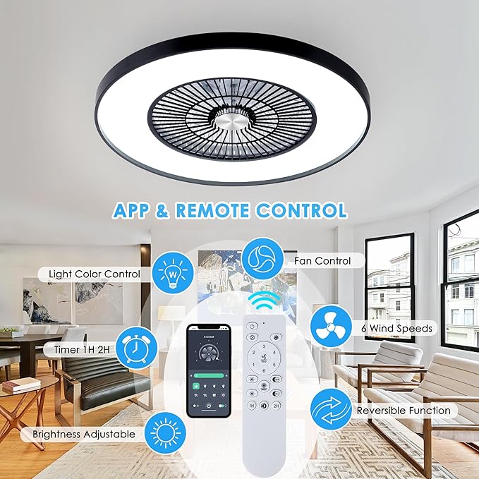 HUMHOLD 24" Bladeless Ceiling Fans with Lights and Remote/APP Control, Low Profile Ceiling Fan with 3-Dimmable Lights, Enclosed Flush Mount Ceiling Fan for Kid's Bedroom/Living Room