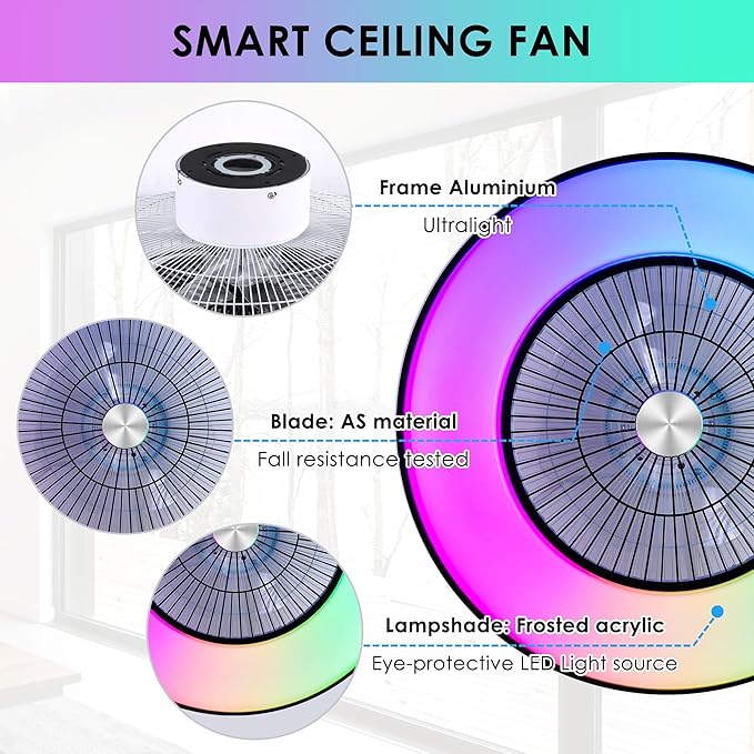 HUMHOLD 24" Bladeless Ceiling Fans with Lights and Remote/APP/Voice Control, Low Profile Ceiling Fan with RGB Lights, Enclosed Flush Mount Ceiling Fan for Kid's Bedroom/Living Room