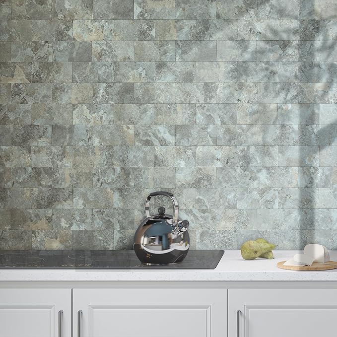 AULIGET 100-Piece Faux Stone Peel and Stick Backsplash Wall Tiles, 3" x 6" Grey & Brown Slate PVC Stick on Tile for Backsplash Kitchen, Bathroom, Laundry Room, Camper, Fireplace