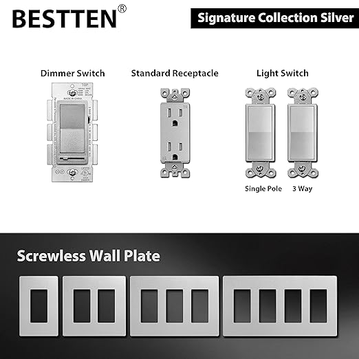 BESTTEN 5 Pack Matte Silver Dimmer Light Switch, Single Pole or 3-Way, Compatible with Dimmable LED, CFL, Incandescent and Halogen Bulb, LED Slide Dimmer Wall Switch, 120VAC, UL/cUL Listed