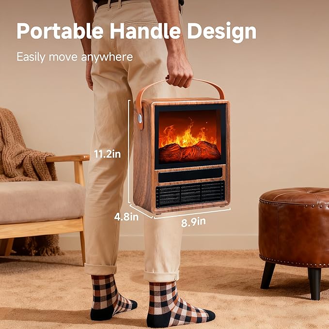FLAME&SHADE Portable Electric Fireplace Heater for Indoor Use, Fire Place Heaters with 3D LED Flame, Overheat and Tilt Protection, Space Heater Small Fireplace for Home Office Decoration, Oak