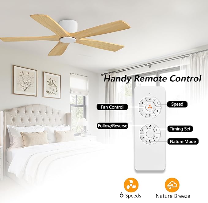 WINGBO 54" Flush Mount DC Ceiling Fans Without Lights, 5 Carved Solid Wood Blades, 6-Speed Reversible DC Motor, Low Profile Hugger Ceiling Fan No Lights for Living Room Bedroom Patio, White and Oak
