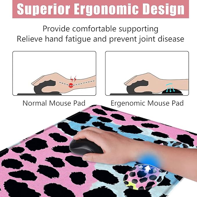 BFUKVOU Large Keyboard Mouse Pad Set, Extended Mouse Pad+Keyboard Wrist Rest Support, Memory Foam Ergonomic Easy Typing, 4Pcs (31.5×11.8 in) Desk Pad Set for Office Home,Leopard Print