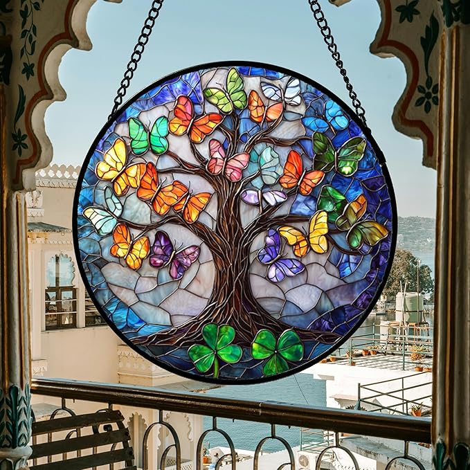 DASTOLL Stained Glass Window Hanging, Butterfly Tree Clover Sun Catchers Glass Panel Blue Suncatcher Decor for Birthday for Women, Men, Wife, Aunt, and Mom 14.9x14.9 in
