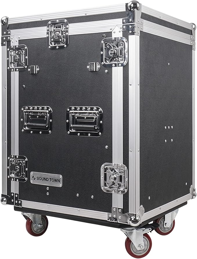 Sound Town 14U PA DJ Pro Audio Rack/Road ATA Case with 2U Drawer, 11U Slant Mixer Top, Two DJ Work Tables, Casters, Pro Tour Grade (MR-DR14UT2)