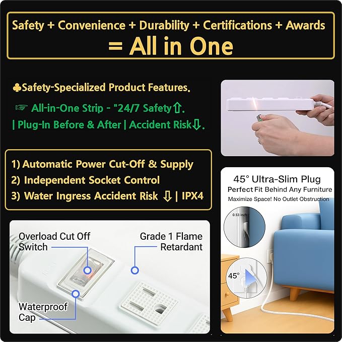 S.O.V Splashproof IPX4 Power Strip, Patented Zero-Current Auto Shut Off, ETL Listed, 4-Outlet Flat Plug, White, 10ft Cord