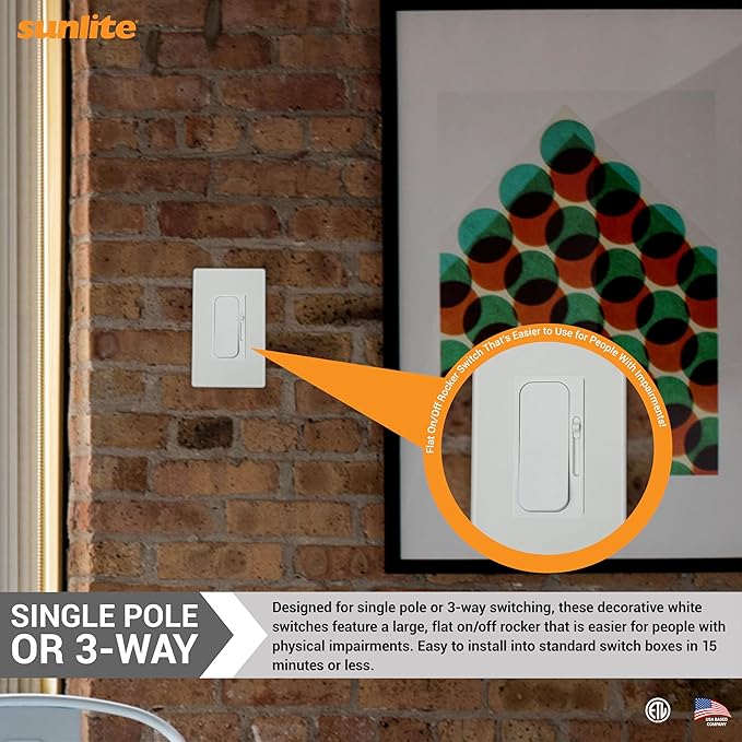 Sunlite LED Wall Rocker Style, Slide Bar Triac Dimmer Switch, Screwless Wall Plates Included, Single Pole or 3-Way Switching, 120 Volts, 200W Max for LED, 600W Max for Incandescent, White, 4 Pack