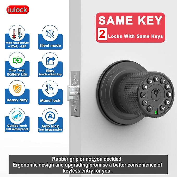 iulock Smart Door Knob with Keypad and Key,Keyless Entry Door Lock with Rubber Grip, Auto Lock,50 User Code,Waterproof, Easy to Install and Program for Bedroom (Matte Black Same Key 2 Pack)