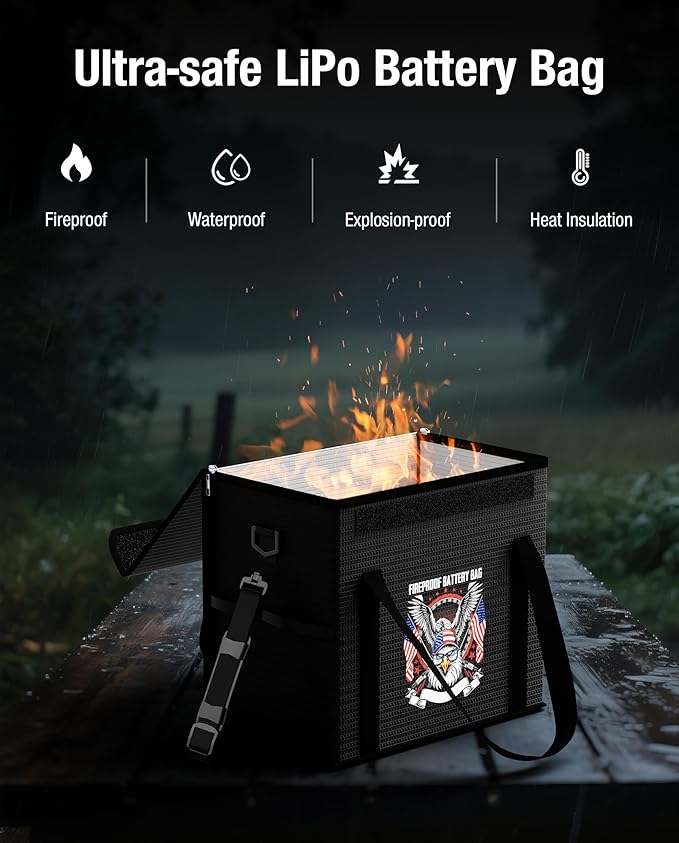 sumaxium 12V 50Ah LiFePO4 Lithium Battery Fireproof Safe Bag with Shoulder Strap, Large Capacity Explosion-Proof Container LiPO Guard Protective Case Waterproof Storage Box(9.4x6x8.5 Inches)