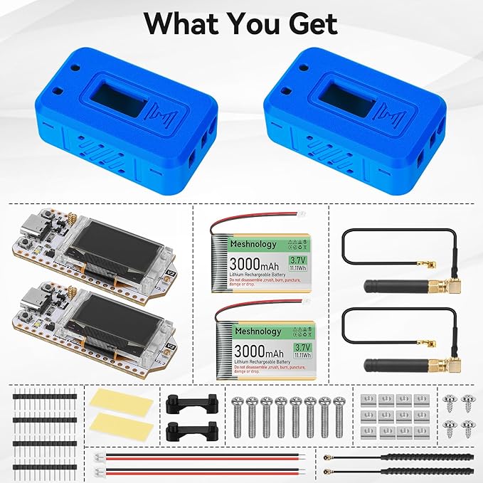 Meshnology 2 Set ESP32 Lo Ra V3 Module Board with 915 MHz Antenna + 3000mAh Battery + Case - with WiFi Blue Tooth SX1262 CP2102 0.96” OLED Display Type C for Ar duino Mesh Tastic IOT (N35, Blue)