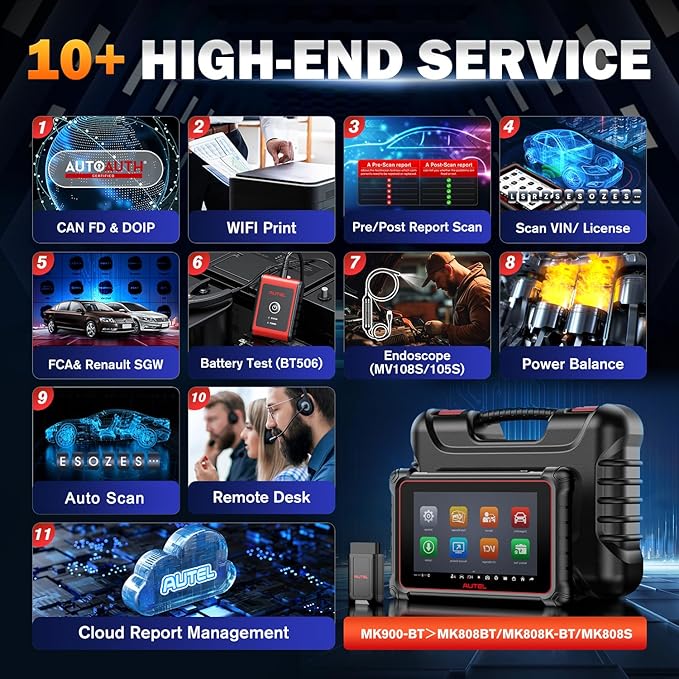 Autel Scanner MaxiCOM MK900BT, 2026 MK900-BT V2.0 Bidirectional Diagnostic Tool, 8in Up of MK900 MX900 MK808S MK808BT MX808S MK808Z, 3000+ Active Tests, 40+ Service, CAN-FD&DOIP, All System, FCA 11 OS