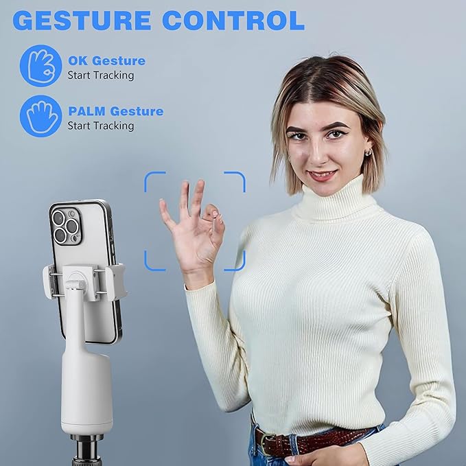 Auto Face Tracking Tripod, 360° Rotation Face Body Phone Camera Mount Smart Shooting Phone Tracking Holder with Remote,No App, Gesture Control,Smart Shooting Holder for Vlog, Streaming,Tiktok-White