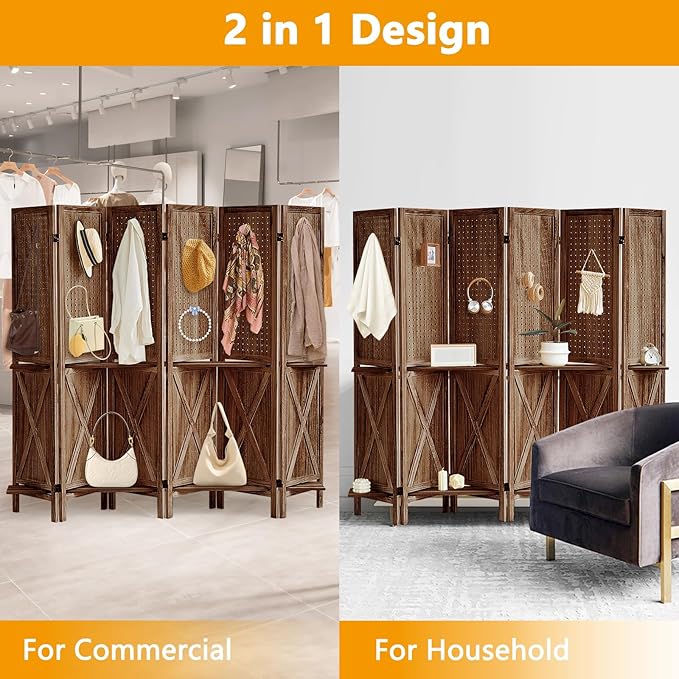 Aleesing 6 Panel Pegboard Display with Shelf, Wooden Pegboard Room Divider Wall with 24 Hooks, Partition Room Dividers and Folding Privacy Screens, Bedroom, Jewelry Store, Brown
