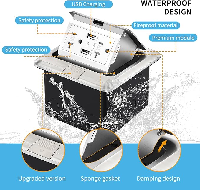 Vagueior Recessed Floor Electrical Outlet Kit,Waterproof Electrical Outlet Covcer Box,Hidden 4.8A USB+20A Tamper-Resistant Receptacle Outlet with Slow Damping ，ETL Certified,Stainless Stee(2 Pack)