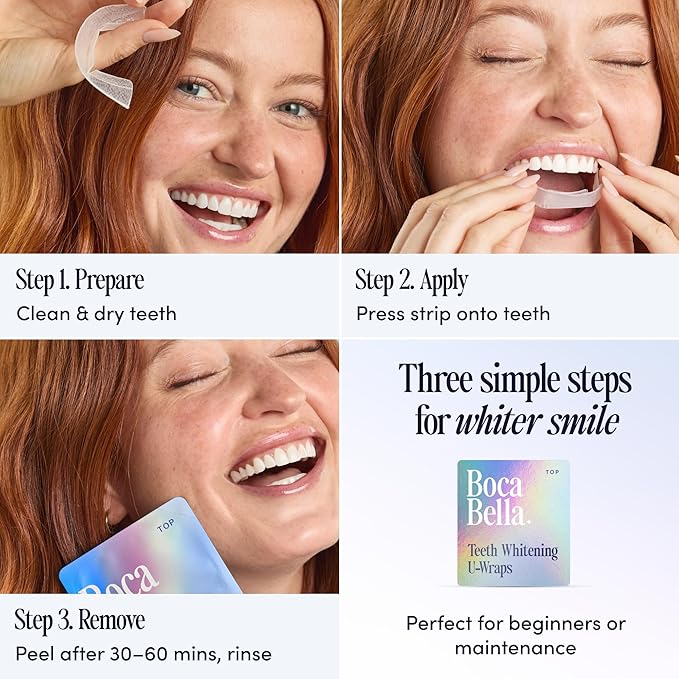Boca Bella Teeth Whitening U-Wraps – 10 Treatments – 15% Hydrogen Peroxide, Enamel-Safe, No Harsh Sensitivity – Patented Strip Design with Aloe, Calendula & Peppermint – Fast, Even Whitening