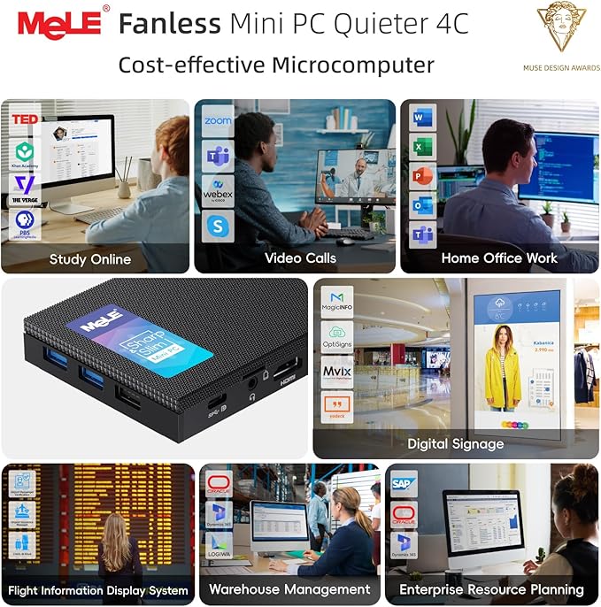 MeLE Mini PC Quieter 4C - 12th Gen N100, Fanless PC, 8GB Memory, 128GB Storage, 2.4/5G Wi-Fi, Full-Functional USB-C, 4K Triple Display Desktop on Home, Office, Education, Astrophotography