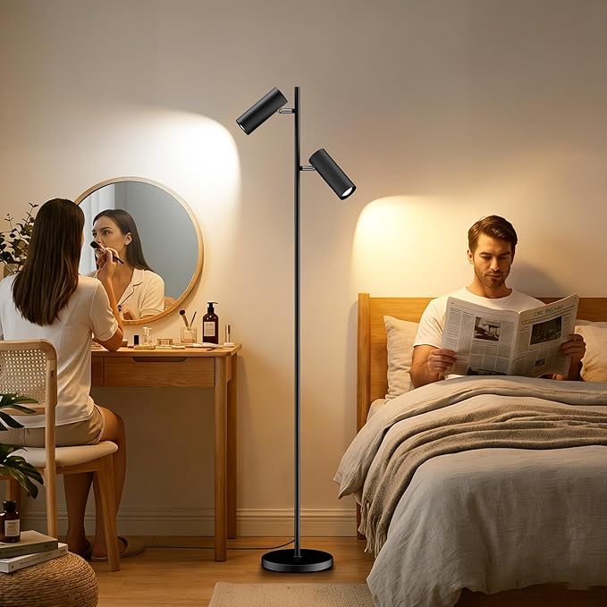 SIBRILLE Spotlight Floor Lamp, Tall LED Standing Lamp with Remote/Touch Control, 2700K-6500K, 350°Rotating Head Standing Lamp, Reading Floor Lamp for Living Room, Bedroom, Office & Wall Art, Dual Head